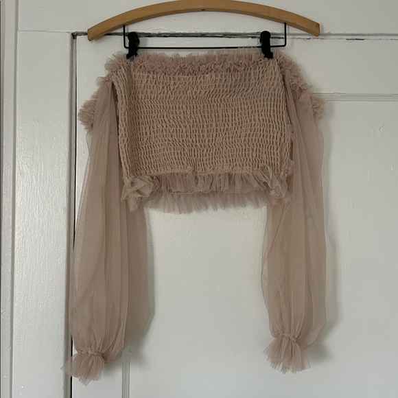 MABLE Ruffled Smocked Off-Shoulder Crop Top - Picture 6 of 9